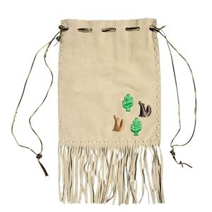 Southwestern Style Handmade Genuine Leather Fringed Drawstring Shoulder Bag